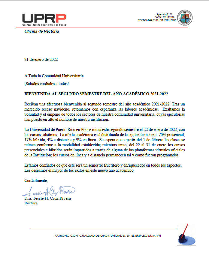 Carta a Comunidad Universitaria -Bienvenida al Segundo Semestre del Año Académico 2021-2022