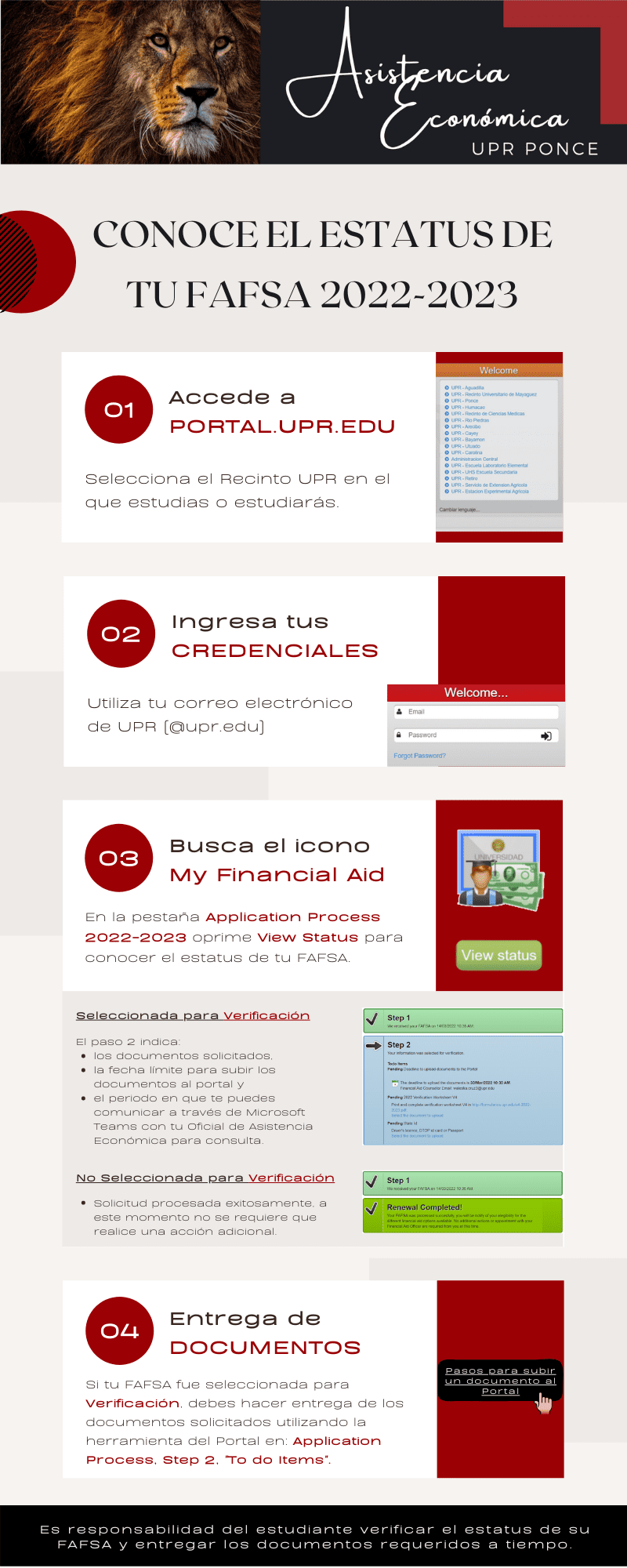 Imagen descriptiva con información de cómo acceder al Estatus de la FAFSA 2022-2023.