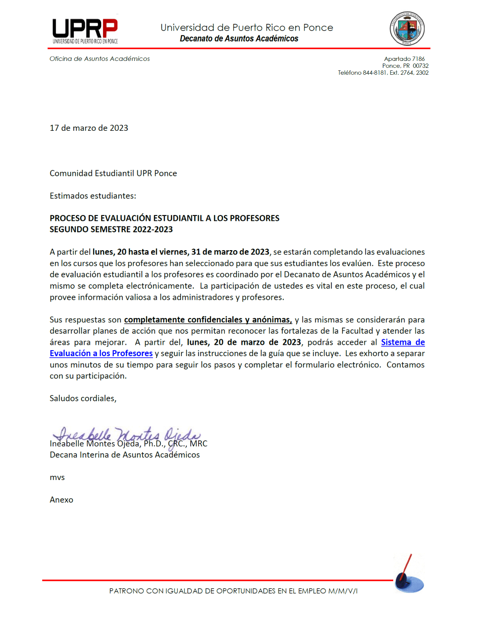 CARTA A ESTUDIANTES PARA LEL PROCESO DE LAS EVALUACIONES ESTUDIANTILES EN LINEA