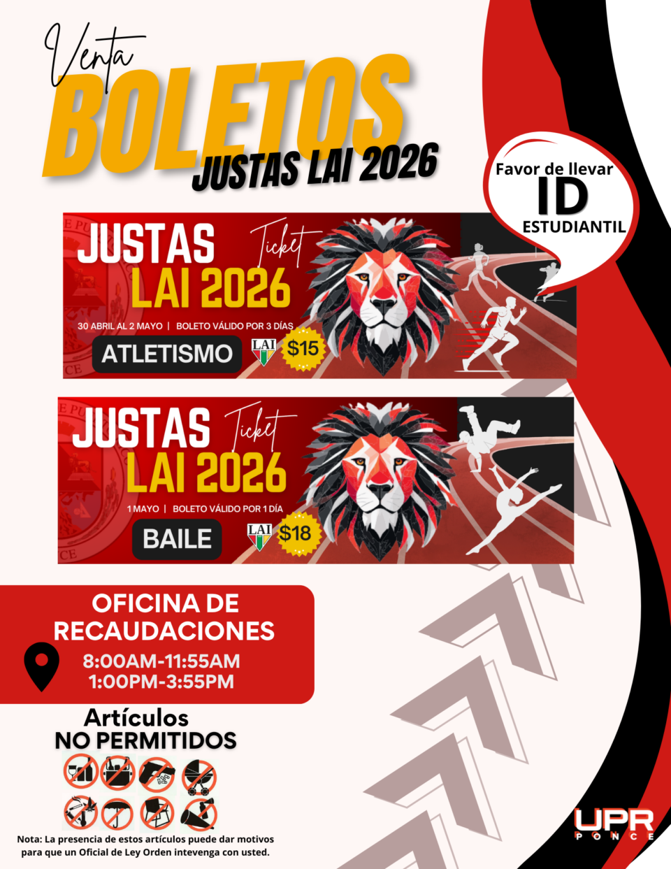 Flyer Boletos Justas LAI 2026 - Atletismo ($15) y Baile ($18)
