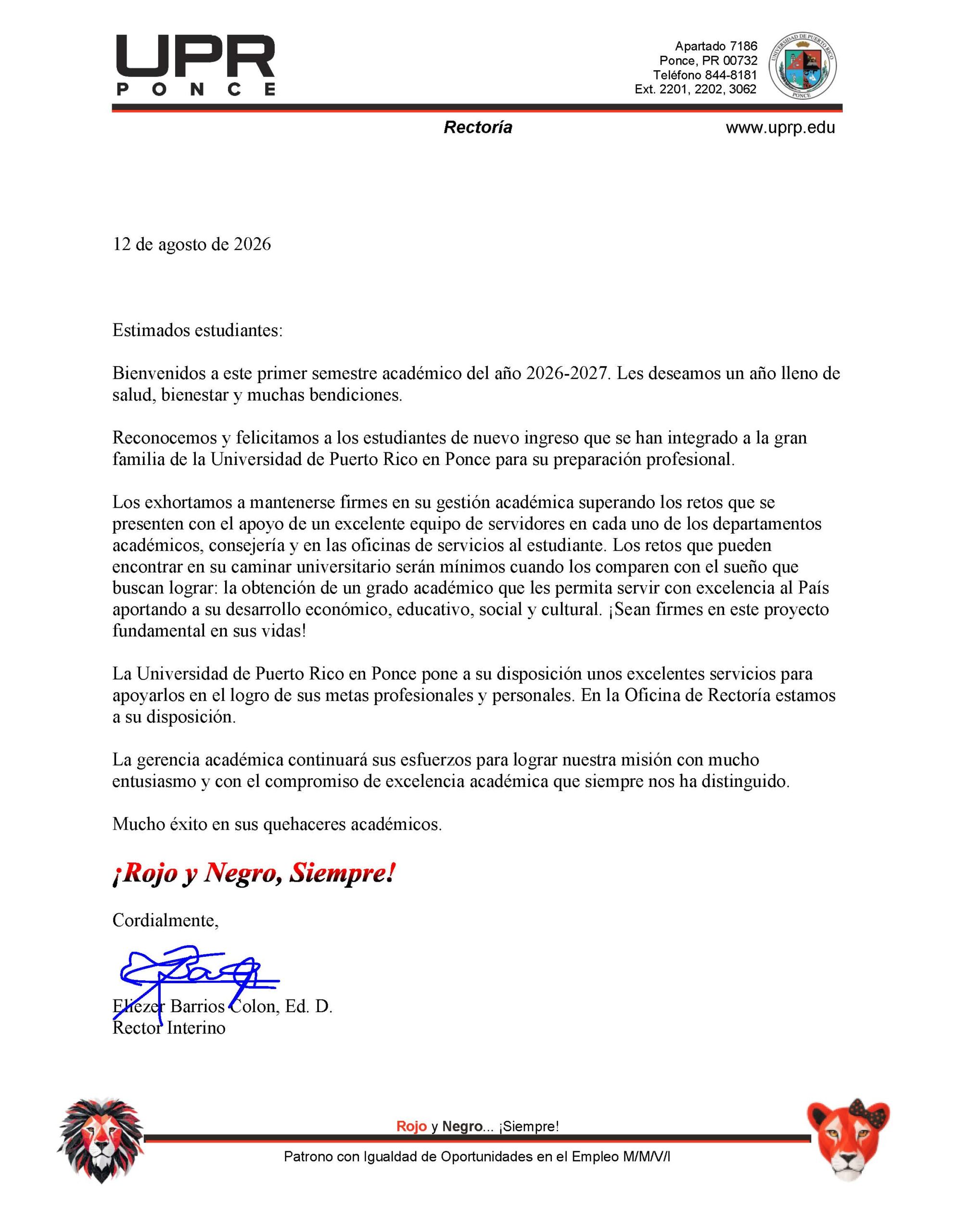 Ver carta bienvenida semestre c61 rector interino 2026
