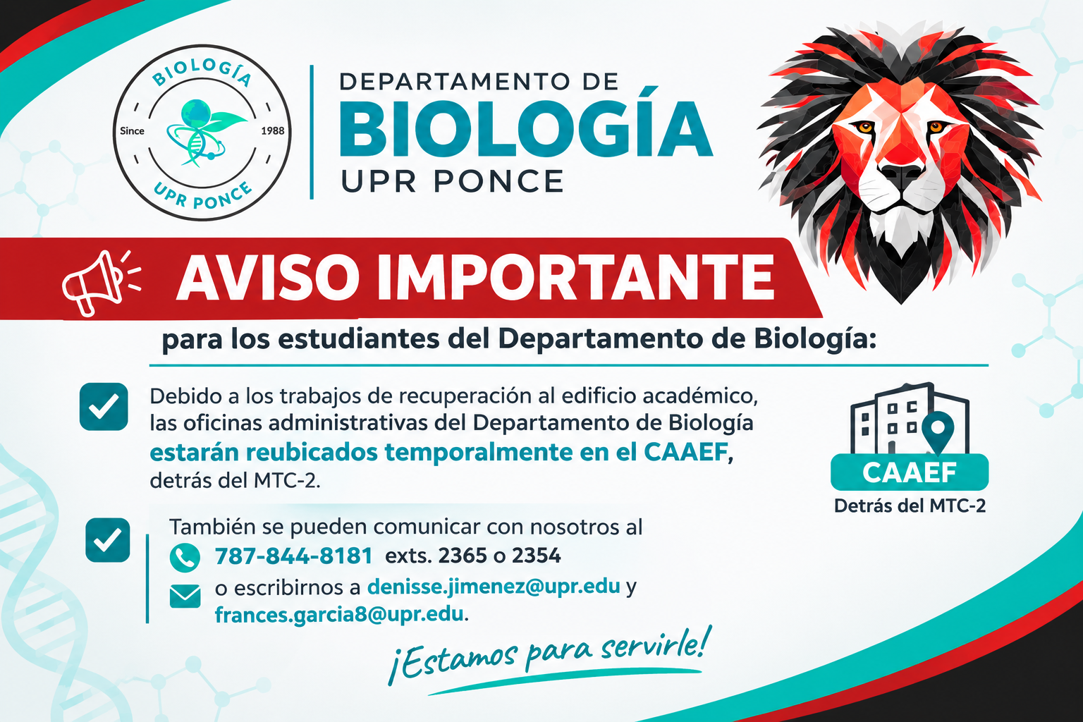 Aviso Importante Depart. BIOL Reubicados en CAAEF
